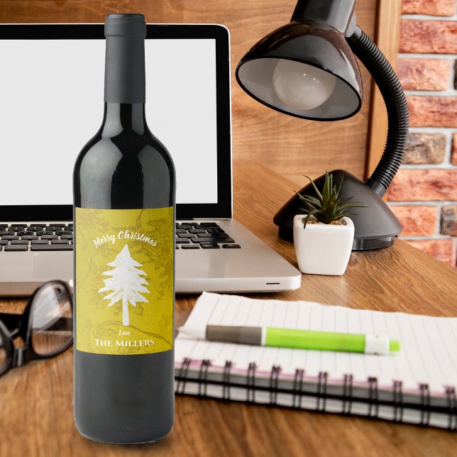 Étiquette Pour Bouteilles De Vin Arbre de Noël blanc or Abstrait Joyeux Noël (Abstract Gold White Christmas Tree Merry Christmas Wine Label)