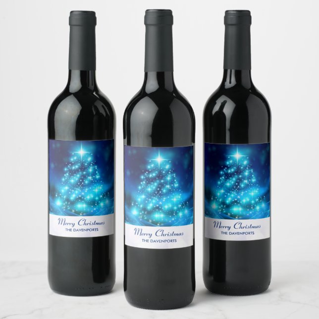 Étiquette Pour Bouteilles De Vin Arbre de Noël bleu cool avec lumières étincelantes (Bouteilles)