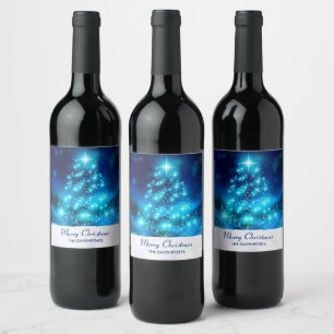 Étiquette Pour Bouteilles De Vin Arbre de Noël bleu Cool illuminé