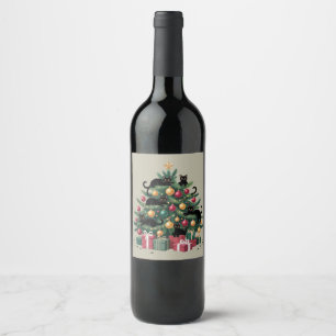 Étiquette Pour Bouteilles De Vin Arbre de Noël Chats Noirs Amoureux de Chats Lumièr