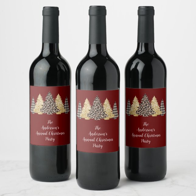 Étiquette Pour Bouteilles De Vin Arbre de Noël Cheetah Imprimer Buffalo Plaid Parti (Bouteilles)