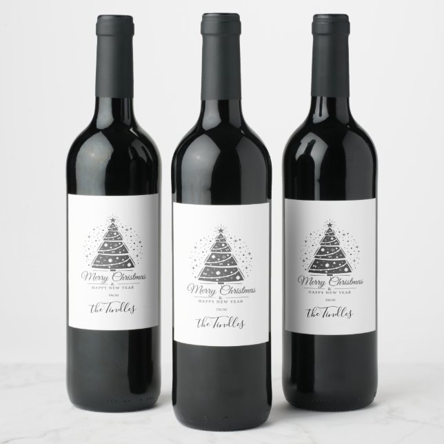 Étiquette Pour Bouteilles De Vin Arbre de Noël chic élégant noir blanc script (Bouteilles)