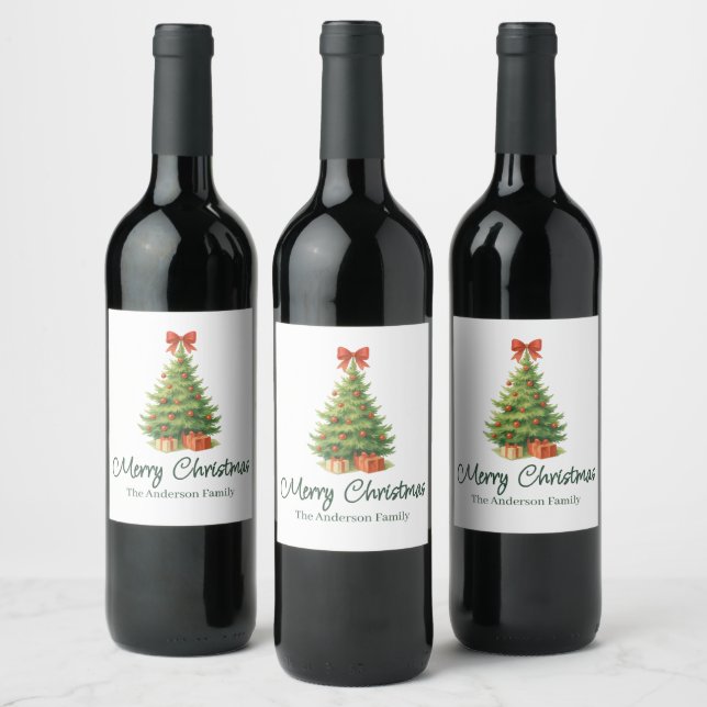 Étiquette Pour Bouteilles De Vin Arbre de Noël élégant avec Bow rouge et présents - (Bouteilles)