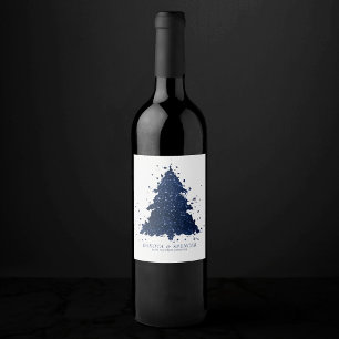 Étiquette Pour Bouteilles De Vin Arbre de Noël Moody   Classy Navy Blue Splatter