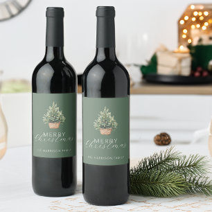 Étiquette Pour Bouteilles De Vin Arbre de Noël rustique dans un panier vert poussié