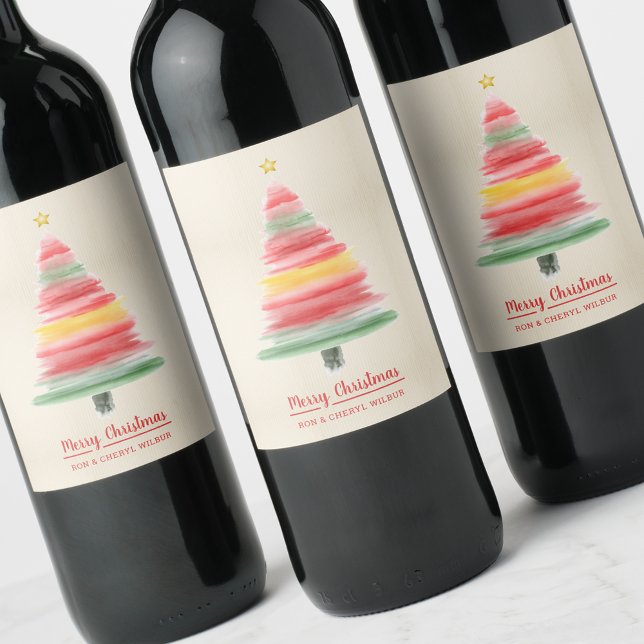 Étiquette Pour Bouteilles De Vin Arbre de Noël Watercolor (Créateur téléchargé)