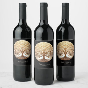 Étiquette Pour Bouteilles De Vin Arbre de Vie Spirituel Zen en Or Élégant