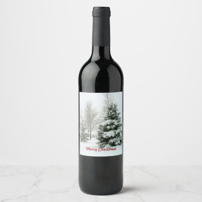 Étiquette Pour Bouteilles De Vin Arbres à neige, Joyeux Noël (Devant)