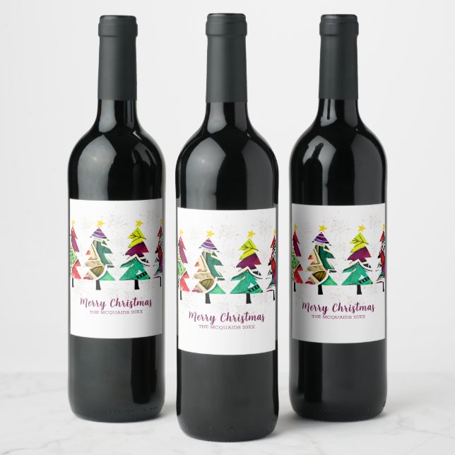 Étiquette Pour Bouteilles De Vin Arbres de Noël Motifs d'aquarelle (Bouteilles)