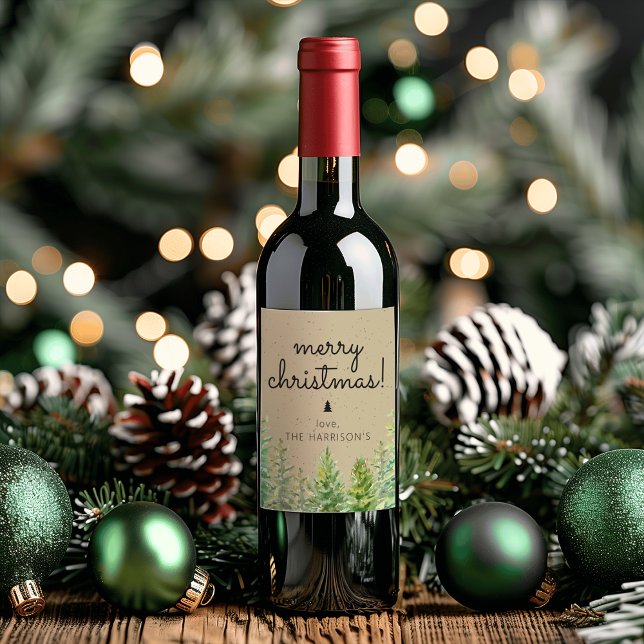 Étiquette Pour Bouteilles De Vin Arbres de pin rustiques Joyeux Noël (Rustic Pine Trees Merry Christmas Wine Label)