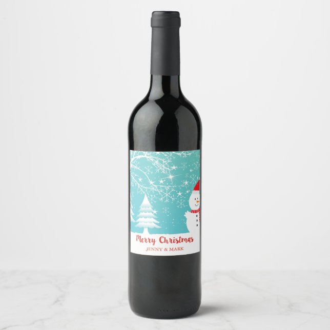 Étiquette Pour Bouteilles De Vin Arbres Neiges Et Snowman (Devant)