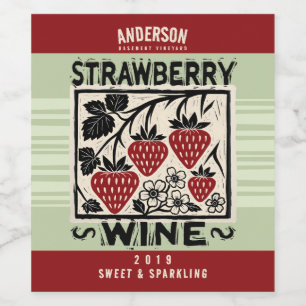 Étiquette Pour Bouteilles De Vin Arbuste à vin maison à la fraise Linocut cordial