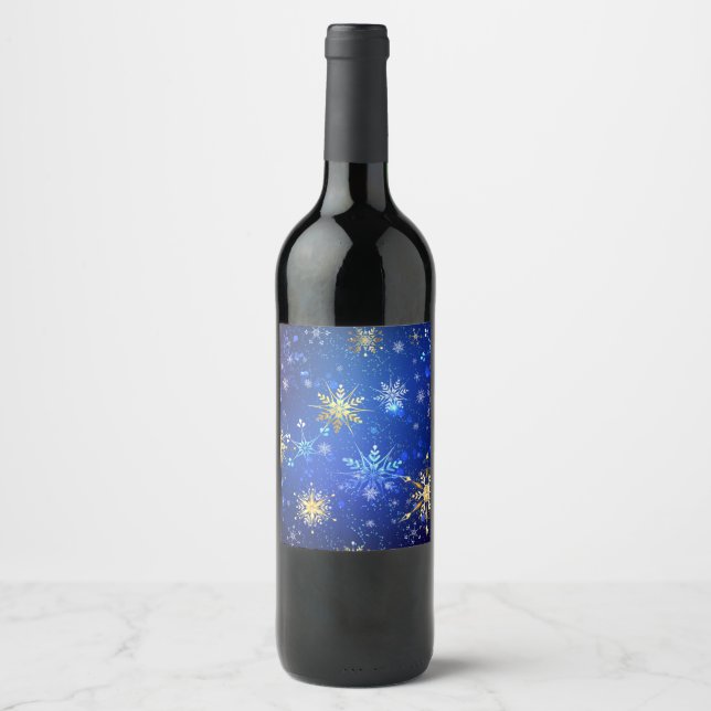 Étiquette Pour Bouteilles De Vin Arrière - plan Bleu XMAS avec des flocons de neige (Devant)