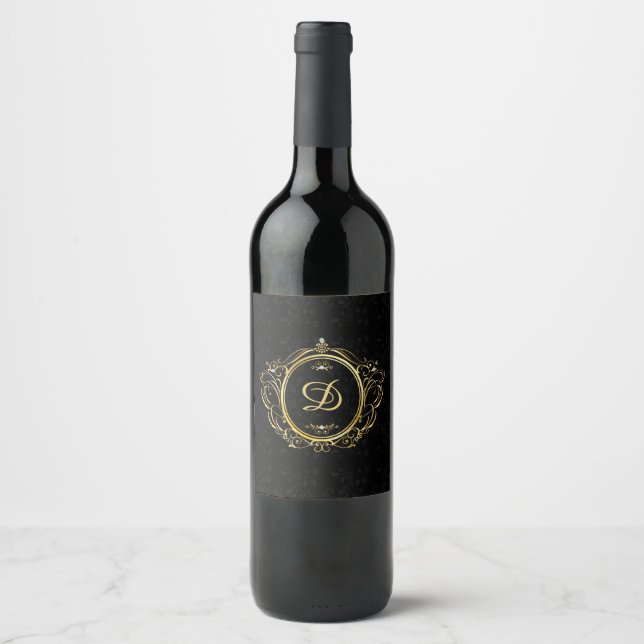 Étiquette Pour Bouteilles De Vin Arrière - plan damassé noir monogramme or (Devant)