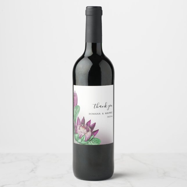 Étiquette Pour Bouteilles De Vin Art aquarelle de la protéa roi Deep Purple (Devant)