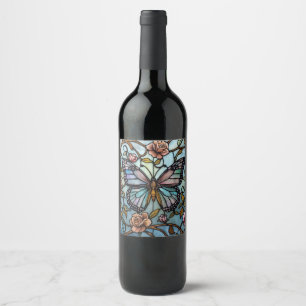 Étiquette Pour Bouteilles De Vin art de papillon bleu vitrail vintage 