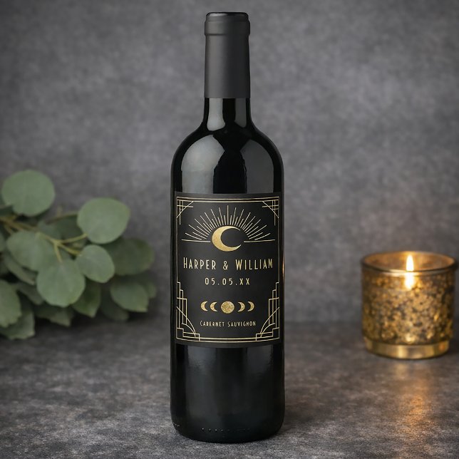 Étiquette Pour Bouteilles De Vin Art Déco céleste noir et or (Elegant Celestial art deco personalized wine label in black and faux gold.)