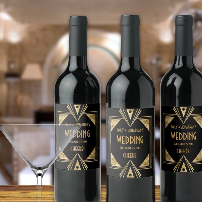 Étiquette Pour Bouteilles De Vin Art Déco Cheers Gold Black Mariage (Créateur téléchargé)