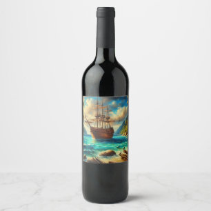 Étiquette Pour Bouteilles De Vin Art des navires de plage des Caraïbes/tropicale