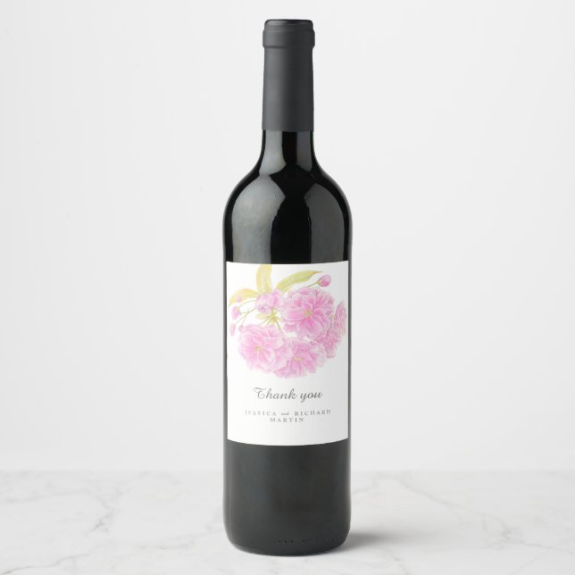 Étiquette Pour Bouteilles De Vin Art mariage de fleurs de printemps rose merci fave (Devant)