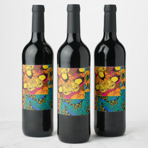 Étiquette Pour Bouteilles De Vin Art papillon rose et sarcelle vibrant maximaliste
