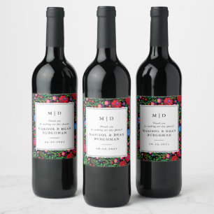 Étiquette Pour Bouteilles De Vin Art populaire coloré Broderie Mariage noir