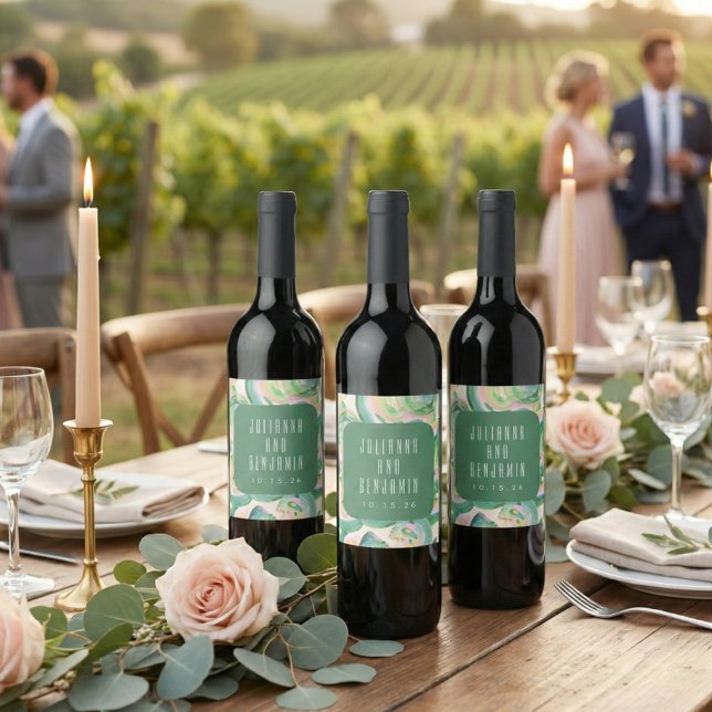 Étiquette Pour Bouteilles De Vin Artsy Abstrait Mariage d'aquarelle verte moderne (Créateur téléchargé)