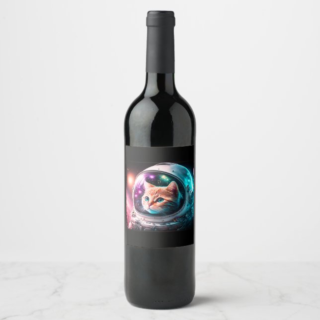 Étiquette Pour Bouteilles De Vin Astronaut de chat spatial drôle Kitty Galaxy Unive (Devant)