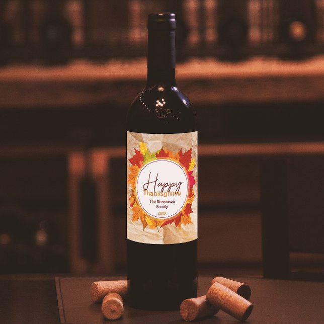 Étiquette Pour Bouteilles De Vin Automne Feuilles d'érable sur papier Texture Thank (Créateur téléchargé)