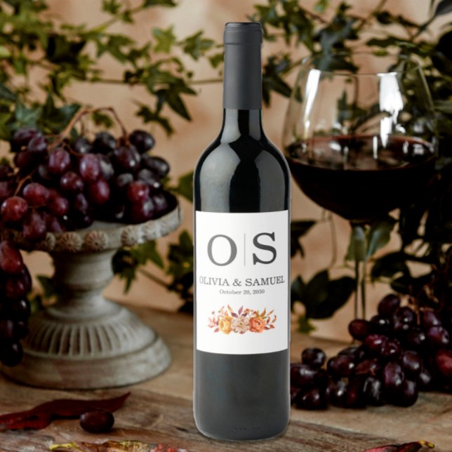 Étiquette Pour Bouteilles De Vin Automne Floral Mariage Monogramme Personnaliser Bo (Créateur téléchargé)