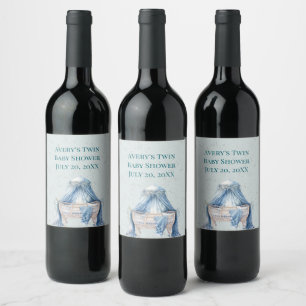 Étiquette Pour Bouteilles De Vin Baby shower Blue Boho Crib Twin Boys