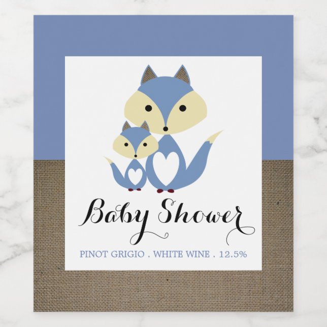 Étiquette Pour Bouteilles De Vin Baby shower Blue Fox Burlap (Étiquettes simples)