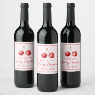 Étiquette Pour Bouteilles De Vin Baby Shower Champêtre à l'Aquarelle Cerise