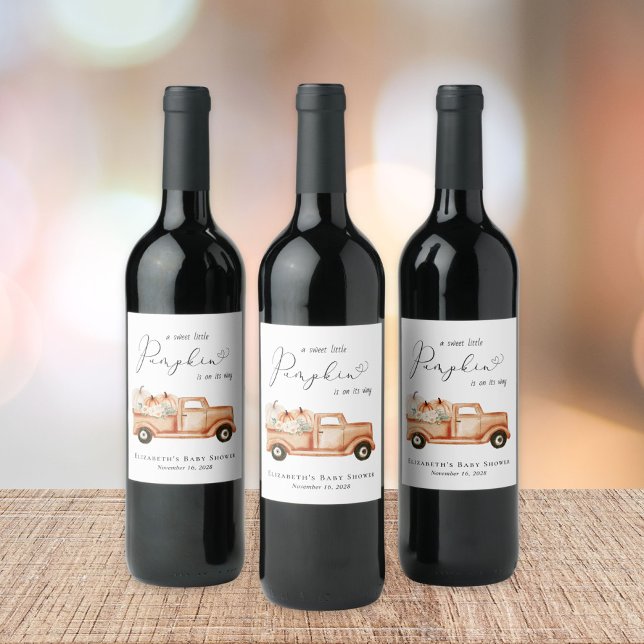 Étiquette Pour Bouteilles De Vin Baby shower d'aquarelle de camion Citrouille (Créateur téléchargé)