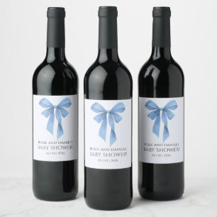 Étiquette Pour Bouteilles De Vin Baby-Shower Fille au Ruban Bleu Clair