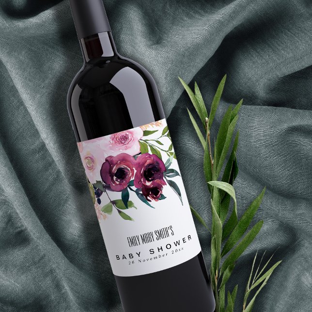 ÉTIQUETTE POUR BOUTEILLES DE VIN BABY SHOWER FLORAL BURGUNDY BURGUNDY LUMINEUX (Créateur téléchargé)