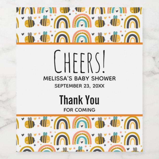 Étiquette Pour Bouteilles De Vin Baby shower Motif de mignet Bumble Bee et Rainbows (Étiquettes simples)