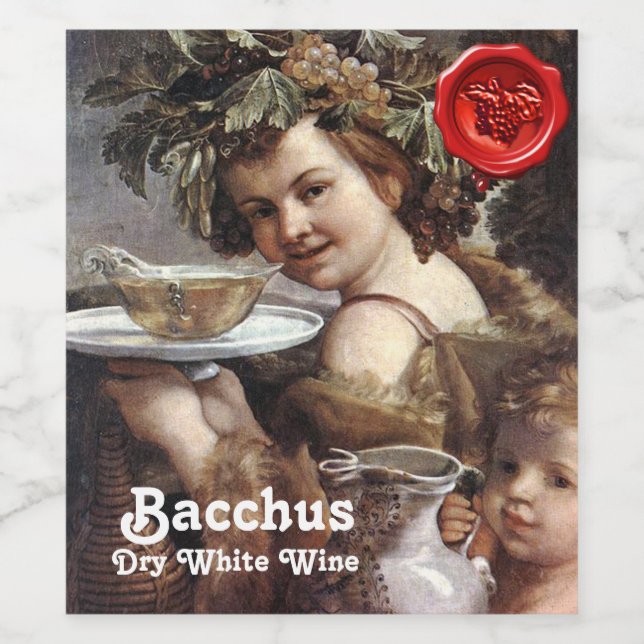 ÉTIQUETTE POUR BOUTEILLES DE VIN BACCHUS AVEC RAISINS ET CIRE ROUGE DE VIN BLANC (Étiquettes simples)