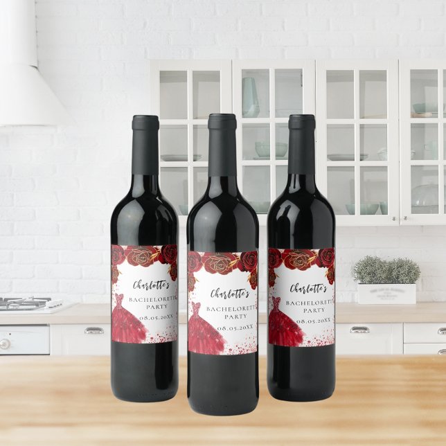 Étiquette Pour Bouteilles De Vin Bachelorette fête rouge blanc fleurs de robe (Créateur téléchargé)