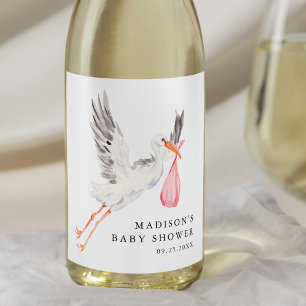 Étiquette Pour Bouteilles De Vin Bain de bébé Fille Rose Cigogne Aquarelle
