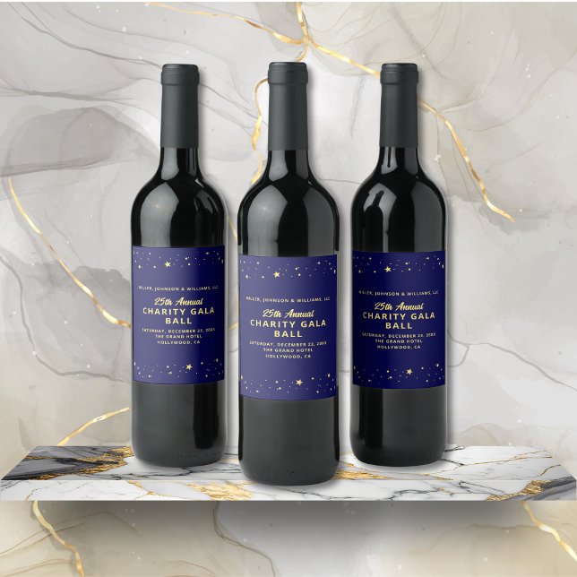 Étiquette Pour Bouteilles De Vin Bal de Gala de Charité Enchère Silencieuse Elégant (Annual Charity Gala Ball Fundraiser Event Wine Bottle with Event Details, Navy Blue, Gold Stars.)