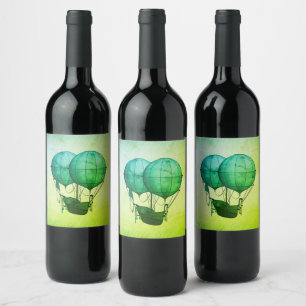 Étiquette Pour Bouteilles De Vin Ballons à air chaud Steampunk avec vert de navire