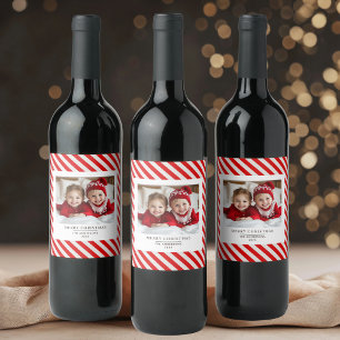 Étiquette Pour Bouteilles De Vin "Bande rouge avec photo Joyeux Noël et nom