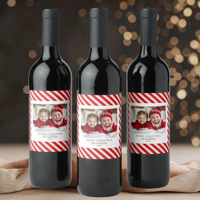 Étiquette Pour Bouteilles De Vin "Bande rouge avec photo Joyeux Noël et nom (Créateur téléchargé)