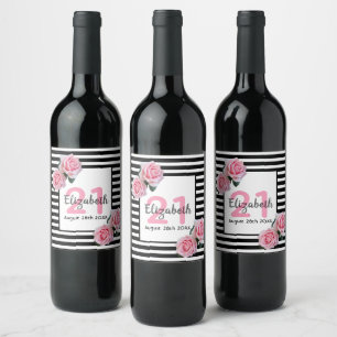 Étiquette Pour Bouteilles De Vin Bandes blanches noires florales roses 21e annivers