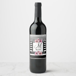 Étiquette Pour Bouteilles De Vin Bandes noires et blanches Monogramme floral rose