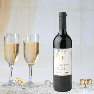 Étiquette Pour Bouteilles De Vin Baptême bleu clair fleuri nom croix or