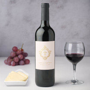 Étiquette Pour Bouteilles De Vin Baptême de fille rose Croix en faux or Crête vinta