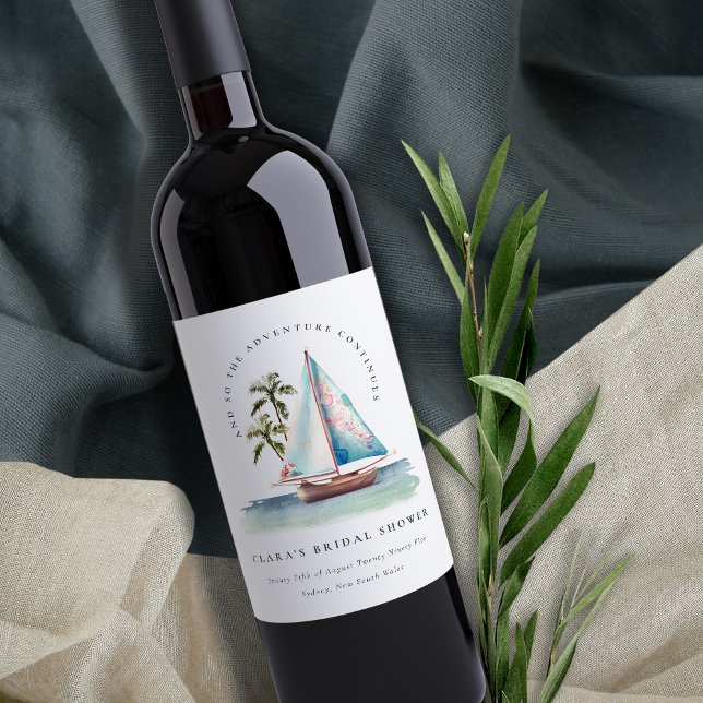 Étiquette Pour Bouteilles De Vin Baptême de mariage Voilier Sombre Teal Palmier Pay (Créateur téléchargé)
