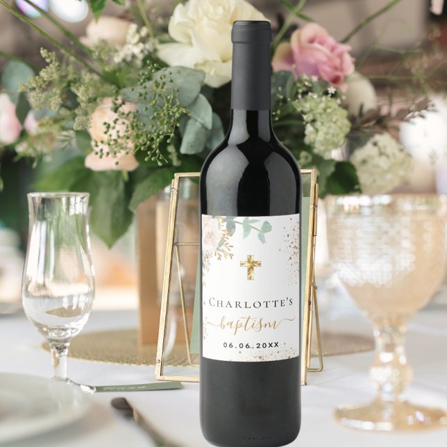 Étiquette Pour Bouteilles De Vin Baptême fleurie garçon fille nom croix or (Créateur téléchargé)